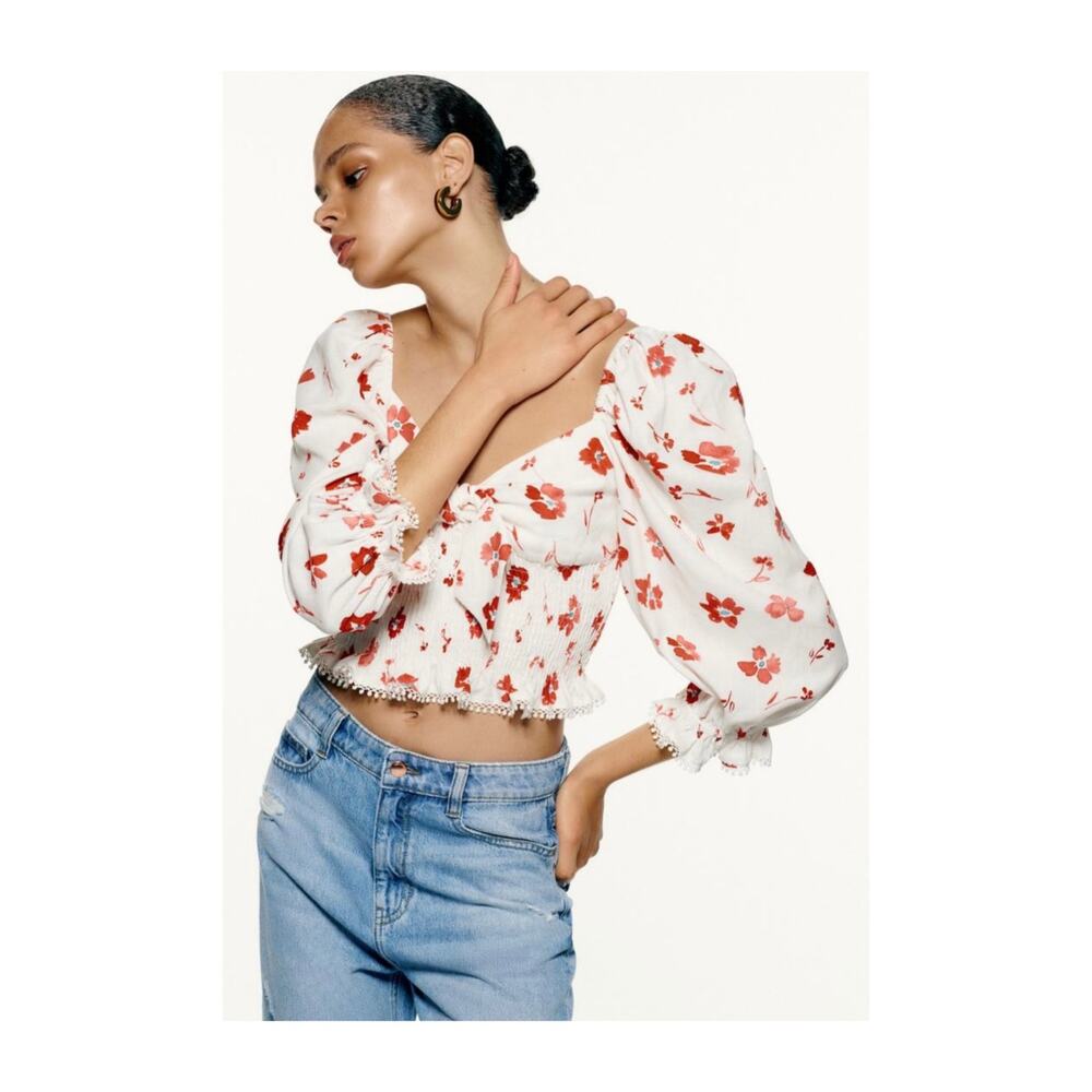 ZARA Floral Printed Linen Blend Top Size Medium